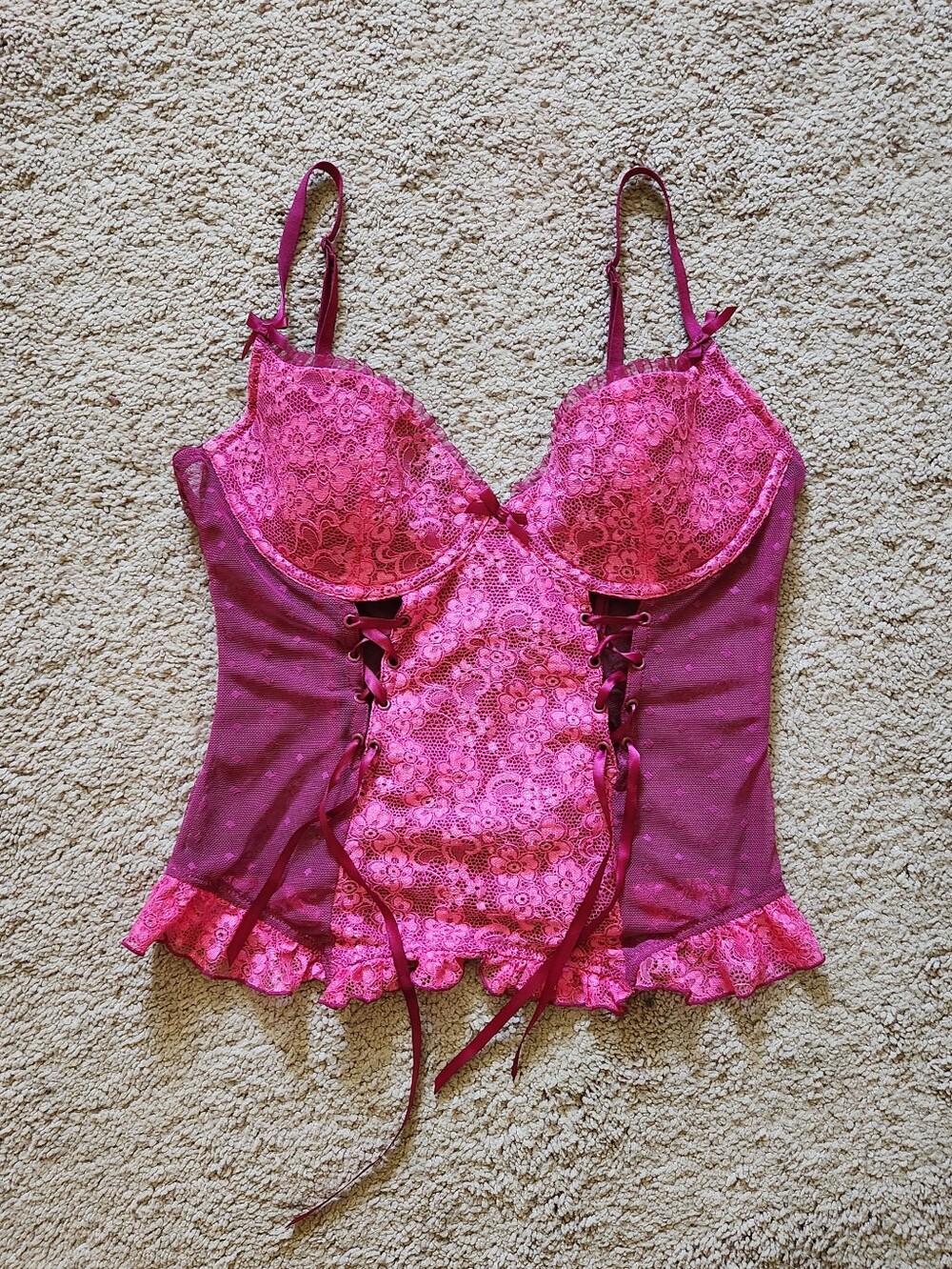 Y2K Swiss Dot Bows Corset Bra Top 36B Hot Pink Adjustable Stretchy Lace Coquette